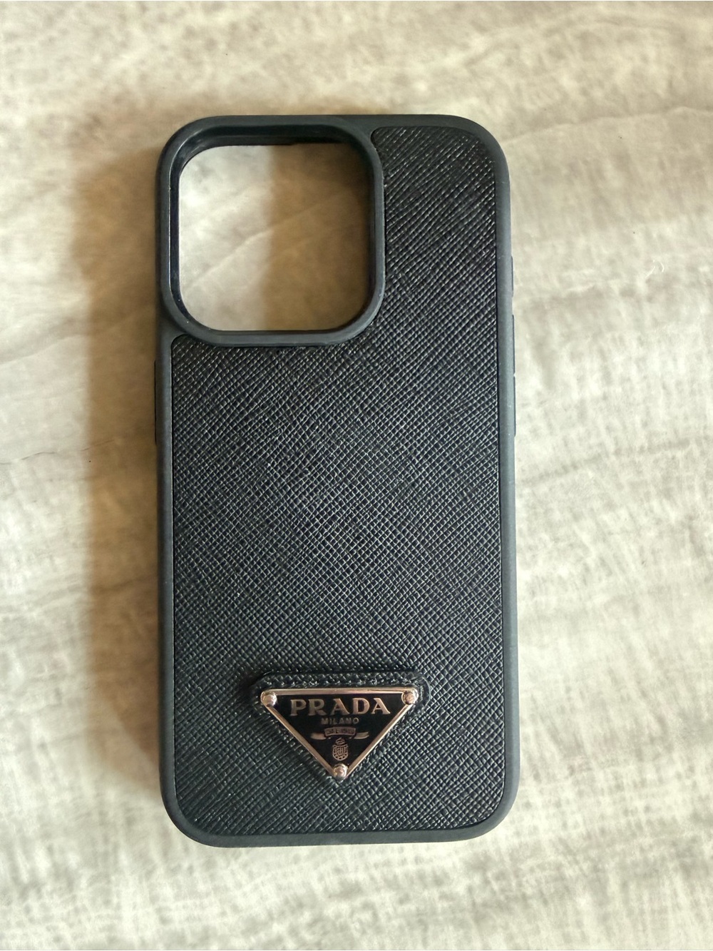 Prada Black Saffiano Leather iPhone 15 Pro Case with Silver Logo